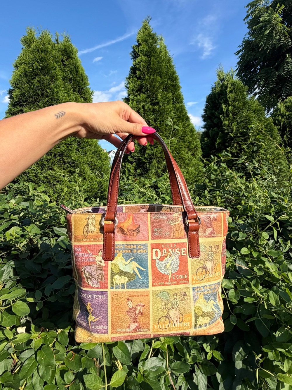 Vintage Fossil Y2K Soap Label Print Patchwork Satchel Handbag Purse - Picture 3 of 7